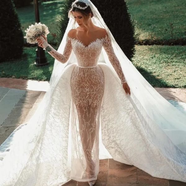 Stunningbride 2024 Champán de lujo con hombros descubiertos, apliques de manga larga, vestido de novia de sirena de encaje, vestido de novia de trompeta con cuentas, vestido de novia súper brillante