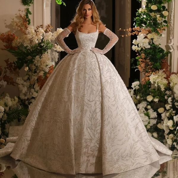 Superbe robe de mariée sirène classique à bretelles spaghetti, robe de mariée simple à col carré, sur mesure, en dentelle pailletée, 2024