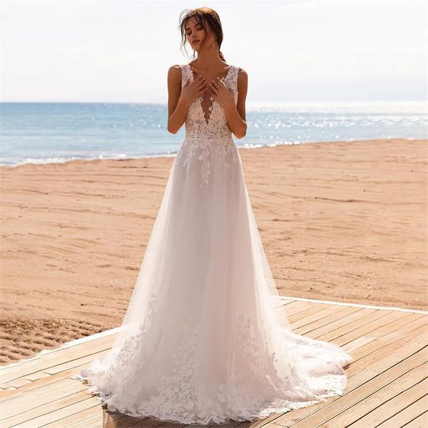 Stunningbride 2024 elegante Boho Beach una línea vestidos de novia para mujeres sin mangas 0 cuello bata nupcial Apliques de encaje vestido de novia sin espalda
