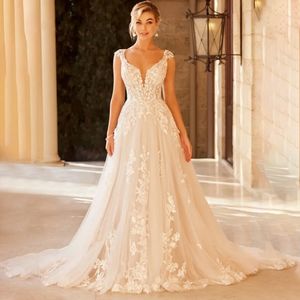 Stunningbride 2024 Elegant Wedding Dresses For Women V-Neck Cap Sleeve Lace Appliques Bridal Gowns With Button Sweep Train Custom Made