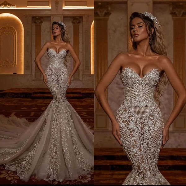 Stunningbride 2024 Exquisito vestido de novia de sirena sin tirantes cariño con lentejuelas de encaje árabe barrido piso trompeta vestidos de novia por encargo