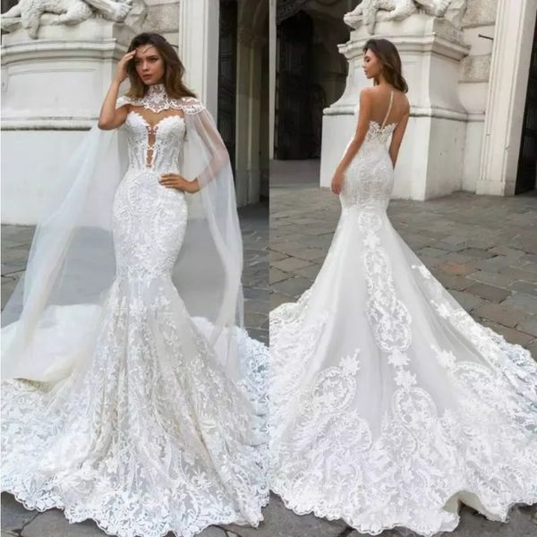 Superbe robe de mariée sirène en dentelle avec cape, col plongeant transparent, grande taille, robes de mariée sexy bohème, 2024