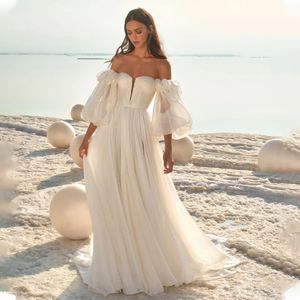 Superbe mariée 2024 ivoire simple Boho robes de mariée avec manches bouffantes détachables en tulle sexy chérie a-ligne robes de mariée plissées