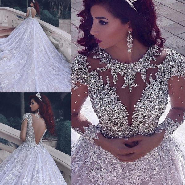 Stunningbride 2024 Últimos vestidos de novia de encaje de manga larga con cuello en O y cristales moldeados Vestidos de novia de tren largo blanco Vestido de novia bling