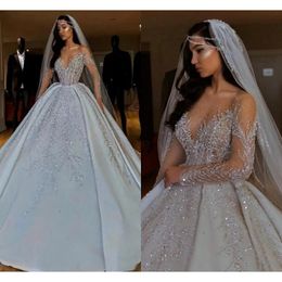 Prachtige bride 2024 luxueuze Arabische kristallen pailletten trouwjurken baljurk pure lange mouwen bling sprankelende dubai tuin bruidsjurken hof trein