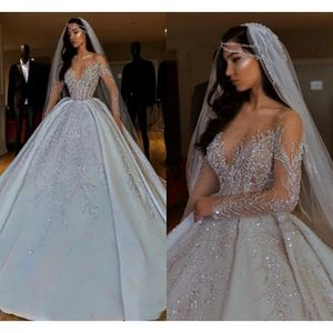 StrunningBride 2024 Luxurious árabe Cristales Sequinos vestidos de novia Vestidos de pelota Mangas largas Bling Belly Dubai Garden Gowns Court Train
