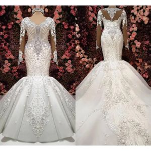 Stunningbride 2024 Luxury Arabe Dubai Crystal Sirène Robe de mariée à manches longues en dentelle blanche