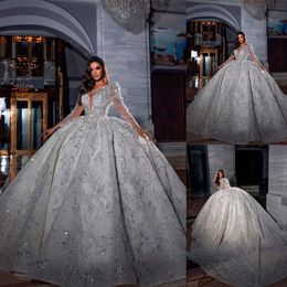 Stunningbride 2024 Роскошные арабские белые свадебные платья Элегантное бальное платье с длинными рукавами и блестками, расшитое бисером свадебное платье с длинным шлейфом на заказ