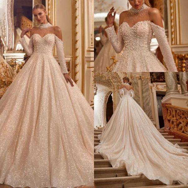 StrunningBride 2024 Luxury High cuello Peading Pearls Vestido de novia Vestido de novia Blanco Romántico Manija larga Tul Tul Princesa Bridal Bridal Vestido