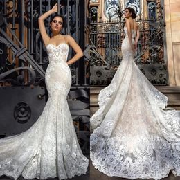 Beautifulbride 2024 Luxe Kant Zeemeermin Trouwjurken Spaghettibandjes Trompet Sexy Geappliceerd Hof Trein Tule Land Bruidsjurken YD