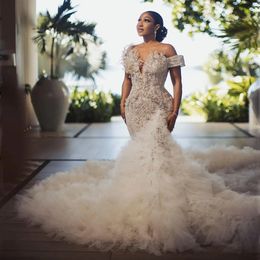 Beautifulbride 2024 Luxe Parels Kralen Zeemeermin Trouwjurken met Ruches Tule Trein Afrikaanse Bruidsjurk Off-the-shoulder Formele Gelegenheidsjurk