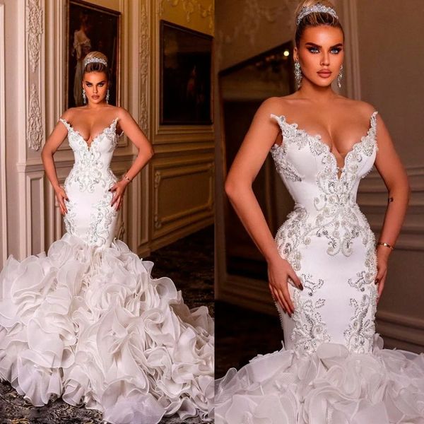 Stunningbride 2024 Vestidos de novia de tren de volantes de lujo Vestido de novia con cuentas de encaje hecho a medida Tren de capilla Precioso vestido de novia árabe nigeriano