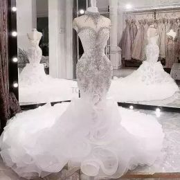 Stunningbride 2024 Plus Size Arabo Aso Ebi Lussuosi cristalli di perline Abiti da sposa Collo alto Sirena Abiti da sposa Abiti da sposa con collo trasparente