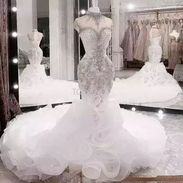 Stunningbride 2024 Tallas grandes Árabe Aso Ebi Lujosos cristales con cuentas Vestidos de novia Cuello alto Sirena Vestidos de novia Vestidos de novia con cuello transparente