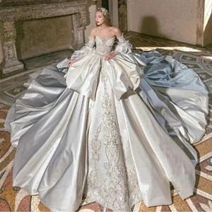 Superbe robe de mariée sirène en dentelle de luxe, image réelle, épaules dénudées, illusion, sexy, perles, cristaux ivoire, diamants, 2024