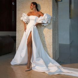 Stunningbride 2024 Vestidos de novia de satén con abertura alta y mangas desmontables Vestidos de novia sin tirantes de una línea Corte de tren Couture Mariage