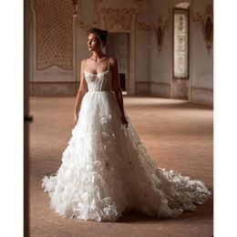 Stunningbride 2024 Robes de mariée scintillantes appliques 3D-Floral Robes de mariée A Line Spaghetti Stracts Lace Up Up Sweep Train Bride Robes Made Made Plus Taille