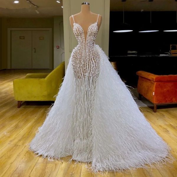 Superbe mariée 2024 deux pièces perles robes de mariée sirène bretelles spaghetti plume surjupe détachable train robes de mariée sur mesure