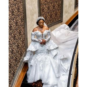 Superbe robe de mariée sirène africaine blanche, grande taille, avec train détachable, perles arabes, volants floraux, manches longues, 2024
