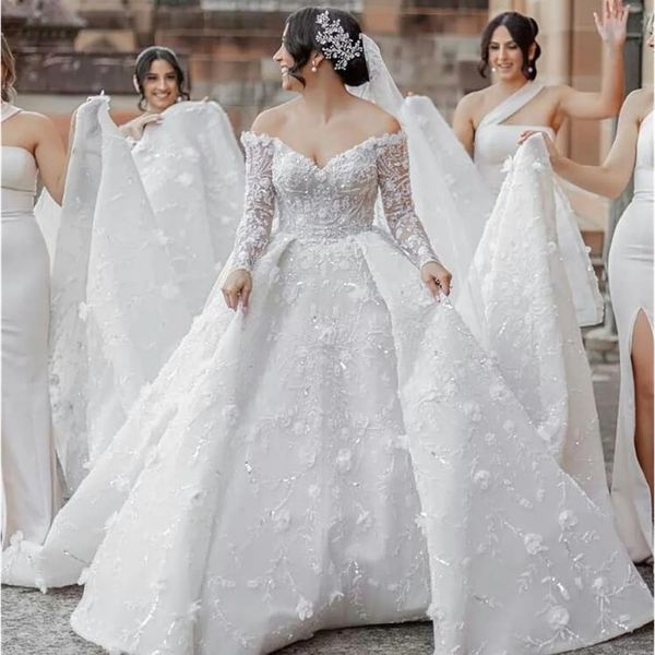 Stunningbride 2024 Crystals de princesse blanche Robes de mariée avec sur-jupe sur l'épaule à manches longues avec des robes nupliques appliques en dentelle florale 3D