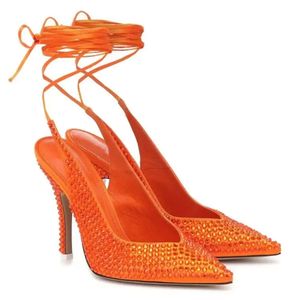 Style 2024 Lady Vraie Real Cuir 10cm Sandales à talons hauts Point-Up Satin Summer Chaussures Pilation de diamant de diamant