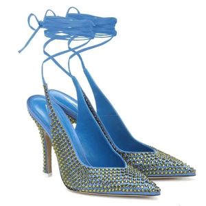 Style 2024 Lady Vrai Real Cuir 10cm Sandales à talons hauts Point-Up Satin Summer Chaussures Pilation de diamant de diamant