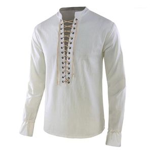 Estilo hombres adultos Caballero Medieval Guerrero disfraz algodón túnica ropa Norman Chevalier trenza vikingo pirata sajona camisa para hombres 1