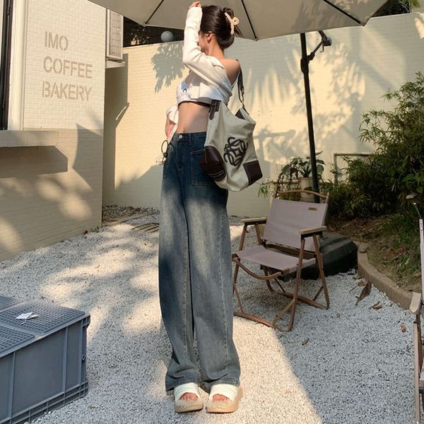 Style American Waited large jean pour les femmes 2023 Automne / hiver Nouveau pantalon de la jambe droite lâche T-shirt Instagram Trend