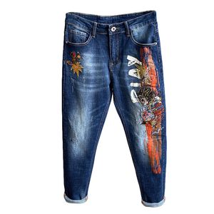 Style Automn Ripped Jeans Mens Slim Straight Stretch brodery Dragon Blue Denim Pantal
