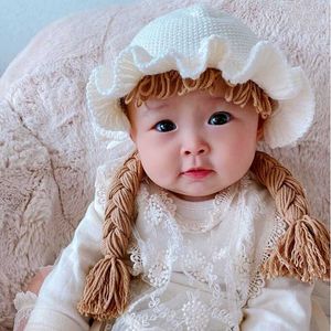 Stijl Kinderen Baby Meisje Emmer Hoed Haar Pigtail Vlecht Pruik Cap Winter Warm Gebreide Zuigeling Kinderen Meisjes Hoeden Caps Gevorderde Witte 210713