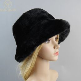 Gorros de piel de conejo falsos para mujer, gorros de invierno supersuaves con forro de algodón, gorros de esquí cálidos a la moda rusa, Color sólido de felpa 240130