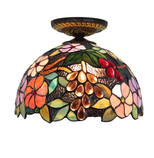 Lámpara de techo empotrada de estilo 12 pulgadas, accesorios de iluminación de vidrieras art deco de uva pastoral europea TF0471277059