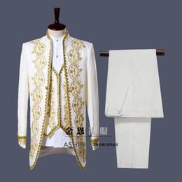 Stil Gold weiß Stickerei Männer Smoking Klassische Trauzeugen Männer HochzeitsanzugJacke Hose Weste weiß schwarz aktuelle Bilder220C