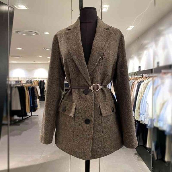 Chaqueta de traje de lana de lana de espiga coreana coreana para otoño e invierno Abrigo de oficina de alta calidad de alta calidad, elegante 210527