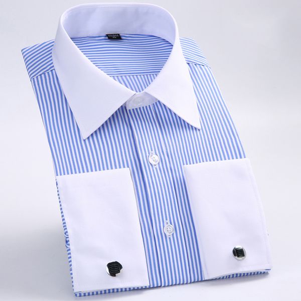 Estilo camisas de vestir para hombre sueltas puño francés ajuste Regular de lujo a rayas negocios manga larga gemelos Social Pluse tamaño 6XL