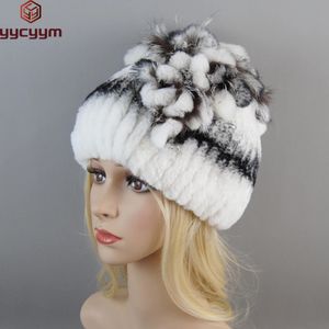 Stijl Rusland Winter Echt Bont Beanie Hoeden Vrouwen 100% Echt Real Rex Konijn Hoed Goede Elastische Gebreide Rex Konijnenbont caps 240131