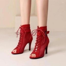 Stijl lente en 2022 mesh herfst grote sandalen rood hiel damesschoenen dunne holle veelzijdige veter koude laarzen vrouwen 905 185 sals 5