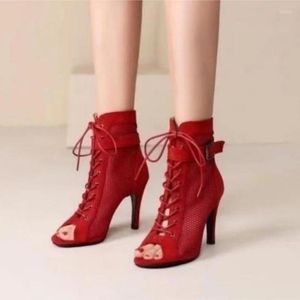 Estilo Spring y 2022 Mesh Otoño Sandalias grandes Red High Heel Women's Women's Zapatos Flinos Huecar Versáticos Botas frías Mujeres 905 185 Sals 5