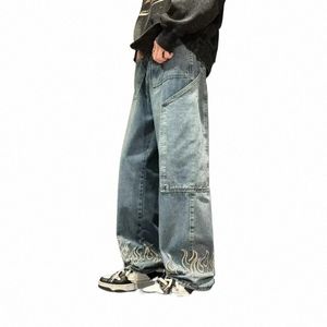 Style Streetwear Jeans pour hommes printemps/automne Design sensibilité feu pantalon droit coupe ample pantalon tendance polyvalent C2c1 #