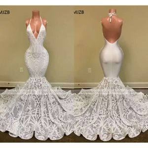 Style blanc sirène robes de bal longue Sexy licou dos nu paillettes scintillantes africain noir fille formelle fête robe de soirée BC