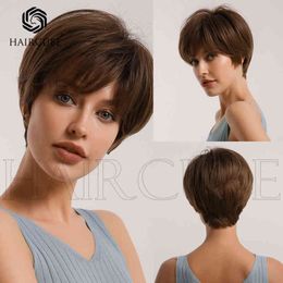 Style de cheveux inversés pour femmes Qi frange brun foncé perruque courte bouclée matériau de fibre synthétique de soie à haute température 220527