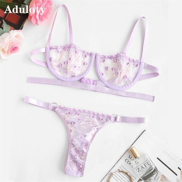 Estilo Sección delgada de las mujeres Malla Bordada Sexy Ropa interior Underwire Recoger Sujetador Juego de bragas Set Thong Sexy Lencería Set 211104