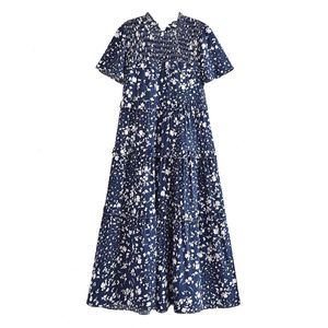Stijl dames kleding rayon marineblauw geprinte elastische cake korte mouw jurk 8766