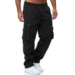 Estilos Pantalones negros para hombre, pantalones Cargo lisos con múltiples bolsillos, pantalones tácticos con cremallera y cintura elástica, prendas de vestir largas Cargo