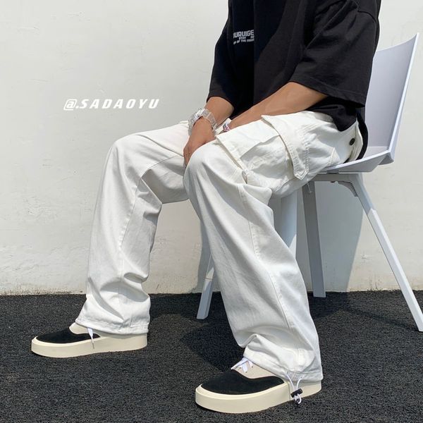 Styles noirs / blanc décontracté mode lâche droite jambe masculine homme streetwear hip-hop poche pantalon de cargaison masculine 65