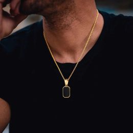 Colliers carrés géométriques élégants en or jaune 14 carats pour hommes, pendentif rectangulaire en émail noir avec boîte à corde, collier en chaîne, bijoux cadeaux