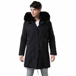 Stijlvol en klassiek geheel zwart Lg Parka met namaakbont gevoerd jasje voor heren Plus Size winterjas 06ME #