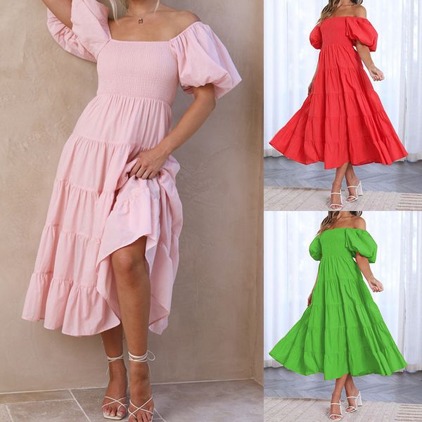 Vestido midi con mangas de burbujas y escote descubierto para mujer, elegante y cómodo, perfecto para la moda de verano