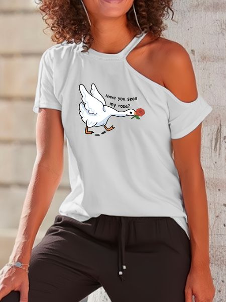 T-Shirt à épaules dénudées imprimé canard, élégant et mignon, parfait pour l'été, nouvelle mode européenne et américaine, T-Shirt décontracté