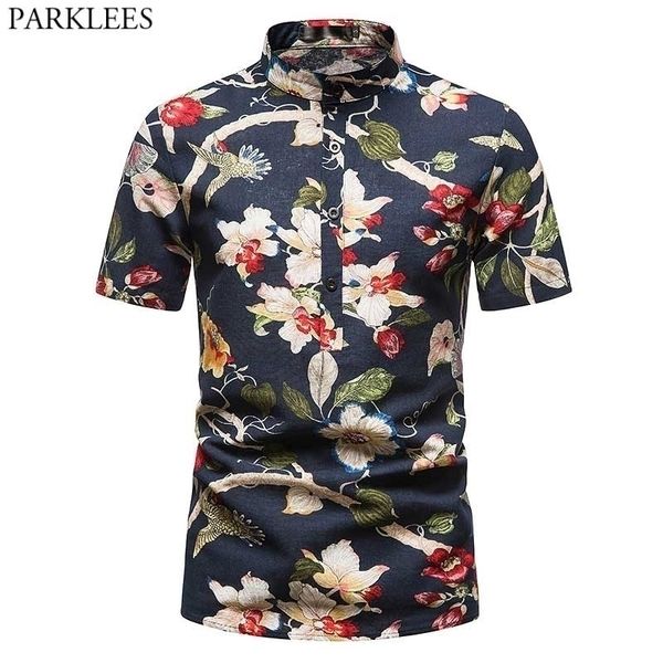 Camisas de lino de algodón holgadas con estilo Hombres Floral Bird Print Banded Collar Botón Camisa Hombres Manga corta Verano Camisa hawaiana Masculina 210522